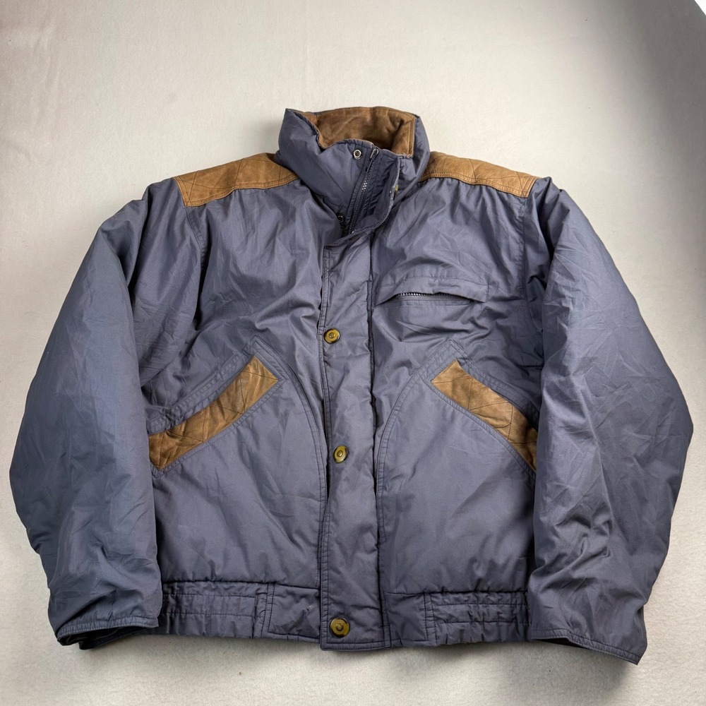 The‎ Company Store Vintage Down Puffer Jacket Blue Leather Trim Mens Medium
